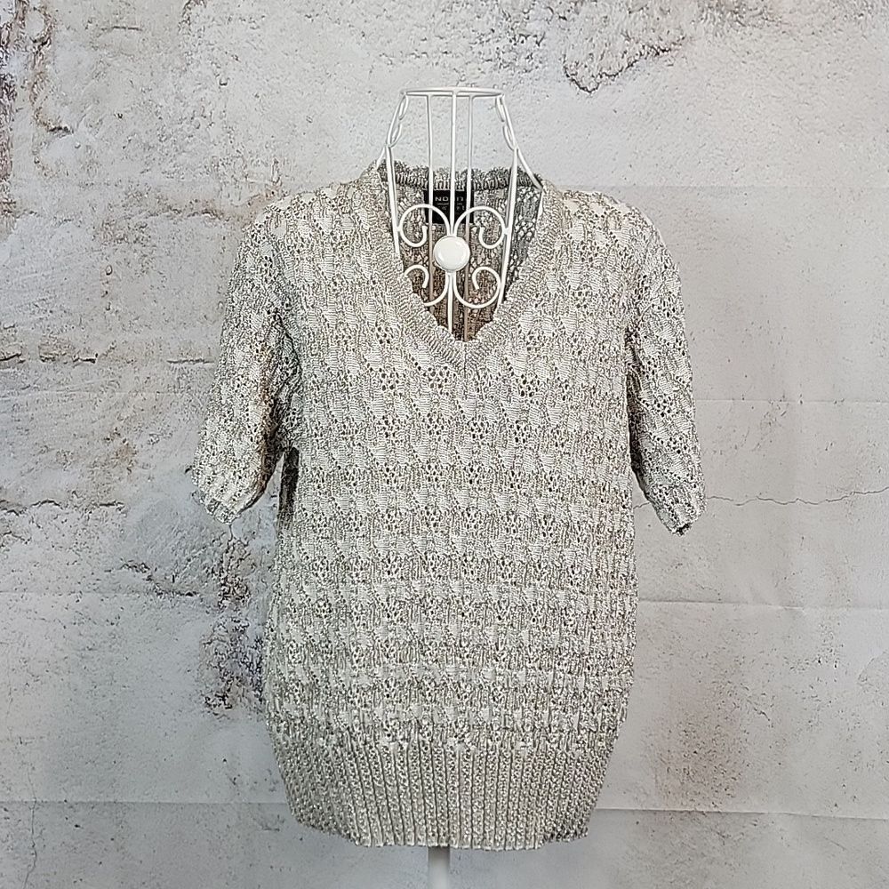 Andrita Knit V-neck Sweater Short Sleeved Silver Womens Size L